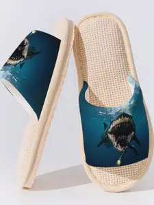 Deep Sea Shark Linen Slippers, Breathable Anti-Slip Sole, Casual Cartoon Pattern, All Seasons Home Wear, Bedroom Living Room