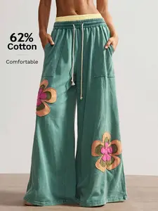 Bohemela Women's Casual Knit Patchwork Loose Wide Leg Pants Boho Pants For Women Flower Pants Wide Leg Summer Pants Hippie Pants Bohemian Pants
