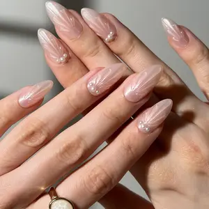 Glazed Seashell Press-On Nails - Luminous Nude Base with Pearl Accents for Effortless Coastal Glamour