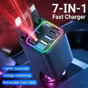 120-watt ultra-fast car charger, equipped with 3 extendable data cables, capable of fast charging multiple devices simultaneously, featuring LED voltage display and RGB seven-color star atmosphere lights