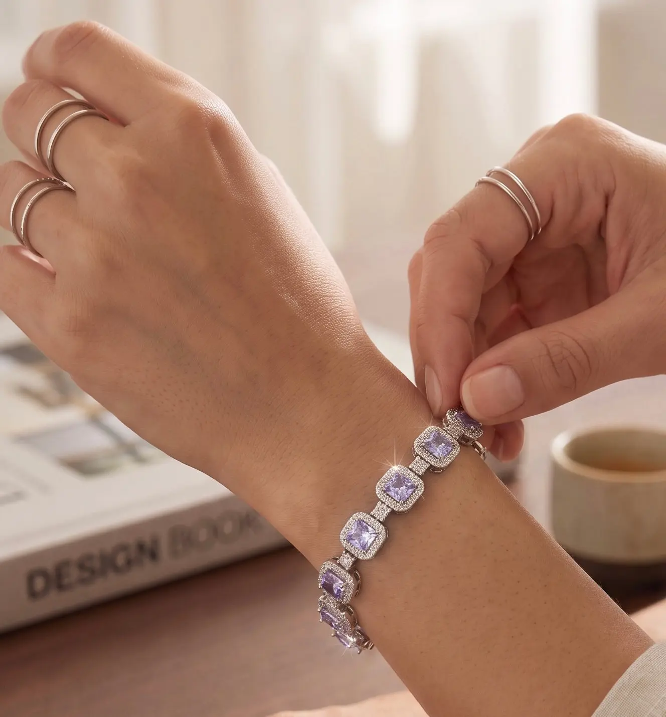 Lavender Purple Cushion-Cut Crystal Halo Tennis Bracelet – Silver Tone Statement Jewelry 7093