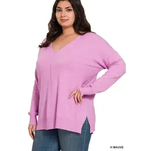 WOMENS PLUS GARMENT DYED FRONT SEAM SWEATER - Mauve