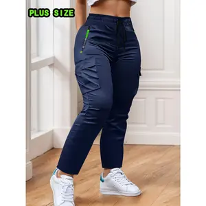 Plus Size Women's Casual Commuter Pants - Straight Fit for Daily Outdoor Activities | Breathable Fabric with Green Zipper Pockets and Dual Side Patch Pockets