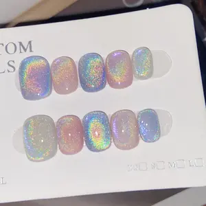 Premium Handmade Holographic Press On Nails - Reusable Short Oval Nails with Pastel Rainbow Laser Effect, Luxury Fake Nail Set