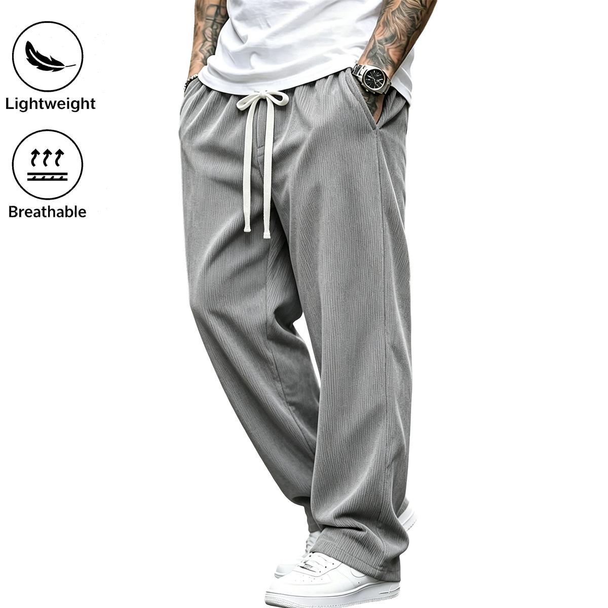 High-end corduroy long pants for men, new for autumn/winter; straight-leg sweatpants with a fluid drape and relaxed fit, wide-leg sports-casual trousers in solid colors with drawstring and pockets; breathable and comfortable, suitable for everyday activit