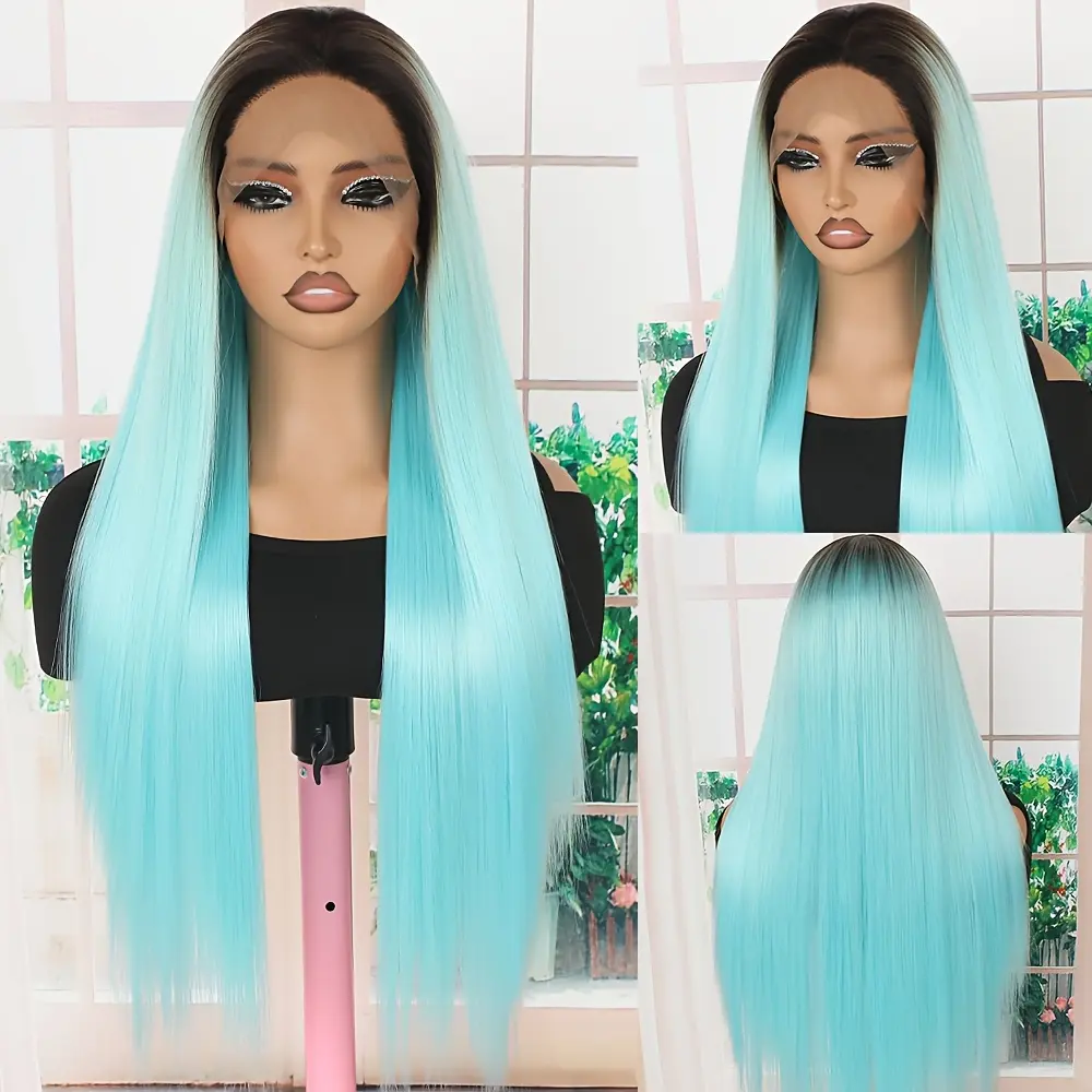 Women's 28in Black to Turquoise Blue Ombre Straight Synthetic Lace Front Wig - 13x4 Lace, 180% Density, Heat Resistant, Glueless, Blonde/Brown Base Matching, for Halloween, Daily Use (Female Straight Hair Wig), Glueless Look