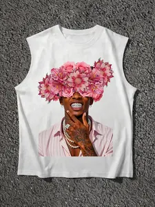 Summer Men's Animal Print Floral Sleeveless Round Neck T-Shirt, Casual Street Style Vest, Outdoor Fashion Top Without Zipper, Streetwear