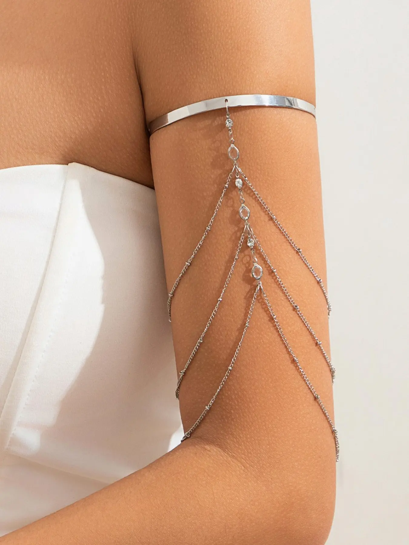 Elegant Rhinestone Fringe Chain Open Arm Ring, Luxury Body Jewelry Fashion Accessory for Women, Perfect for Daily Wear, Parties, Holidays, Gifts