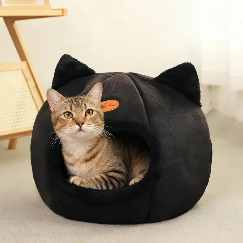 Pet Nest Deep Sleep Comfort in Winter Cat Bed Iittle Mat Basket Small Dog House Products Pets Tent Cozy Cave Washable Small Pet Bed(Black,L 36x36x36cm)