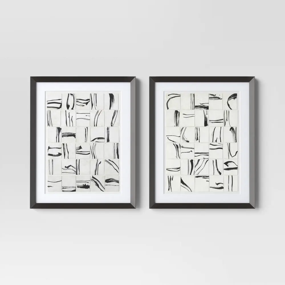 (Set of 2) 16"x20" Patterned Lines Abstract Framed Arts Black - Threshold