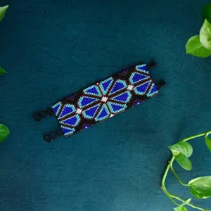 Blue Marigold - Native Beaded Bracelet in Boho Blue, Yellow & Teal - Handmade by Huichol Artisans - Mother Sierra