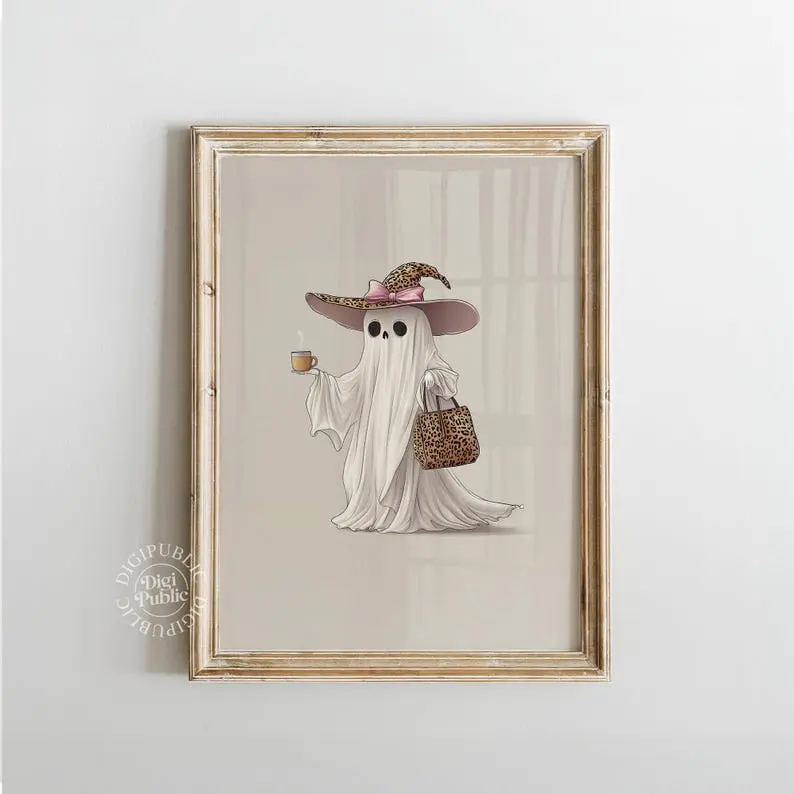 [SALE UP TO 50%] Girly Halloween Ghost Art | Chic Witchy Ghost Wall Print, Leopard Hat Fall Poster, Cute Spooky Digital Decor UNFRAMED AESTHETIC CANVAS POSTER