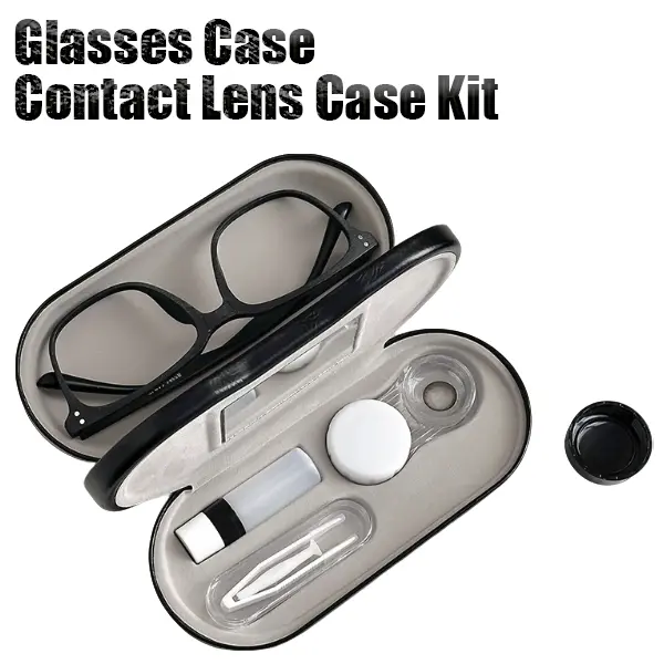 2 in 1 Contact Lens Case and Glasses Case with Built-in Mirror Tweezer Remover and Contact Lens Solution Bottle Storage Kit for Men & Women