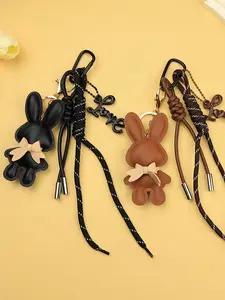 PU Bow Lucky Rabbit Pendant Dark/Caramel Vintage Style with Love Charm, Braided PU Cord Knot, Multi-functional Keychain & Bag Accessory, Sweet and Cool Daily Outfit Essential