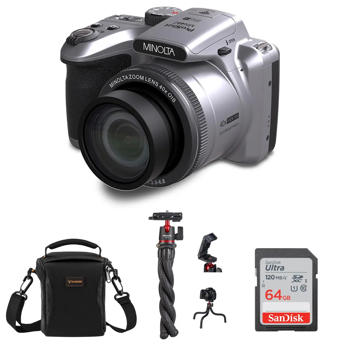 Minolta ProShot MN40Z 20MP Digital LCD Screen Wi-Fi Enabled Full HD Point & Shoot Camera, Silver, 40x Optical Zoom, Bundle with MT-11 Multifunctional Octopus Tripod, 64GB SDXC Memory Card, Shoulder Bag