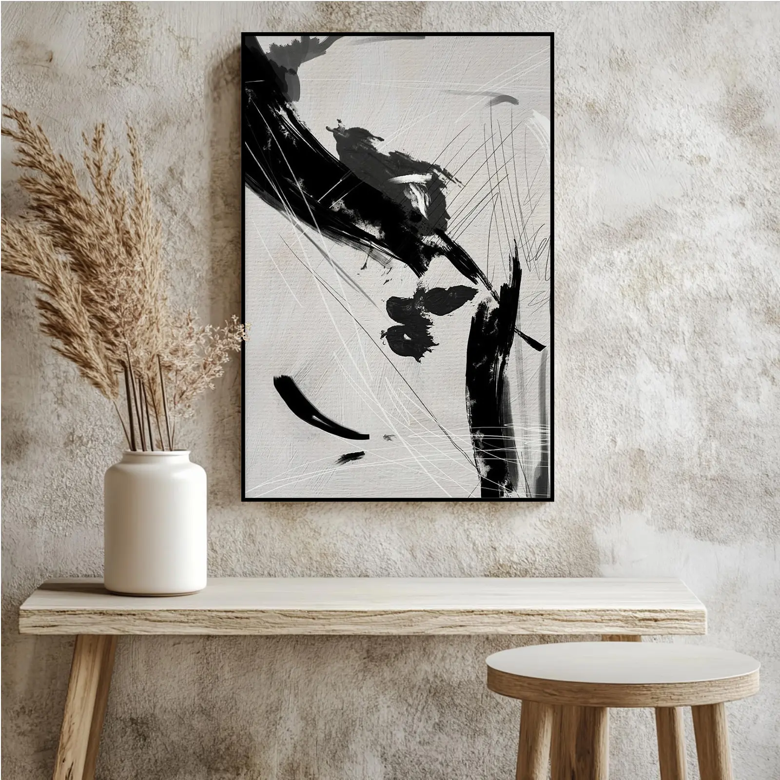 Artistic Abstract Black Ink Brush Strokes Canvas Print - Unframed Minimalist Decorative Painting, Home Wall Decoration for Living Room, Bedroom