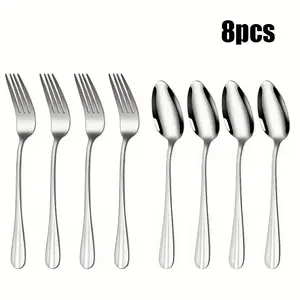 8-Piece Silverware Set, Food-Grade Stainless Steel Cutlery, Durable Spoons and Forks, Modern Tableware Sets, Dinnerware Service Set, Modern Simple Design, Mirror Polished, Dishwasher Safe