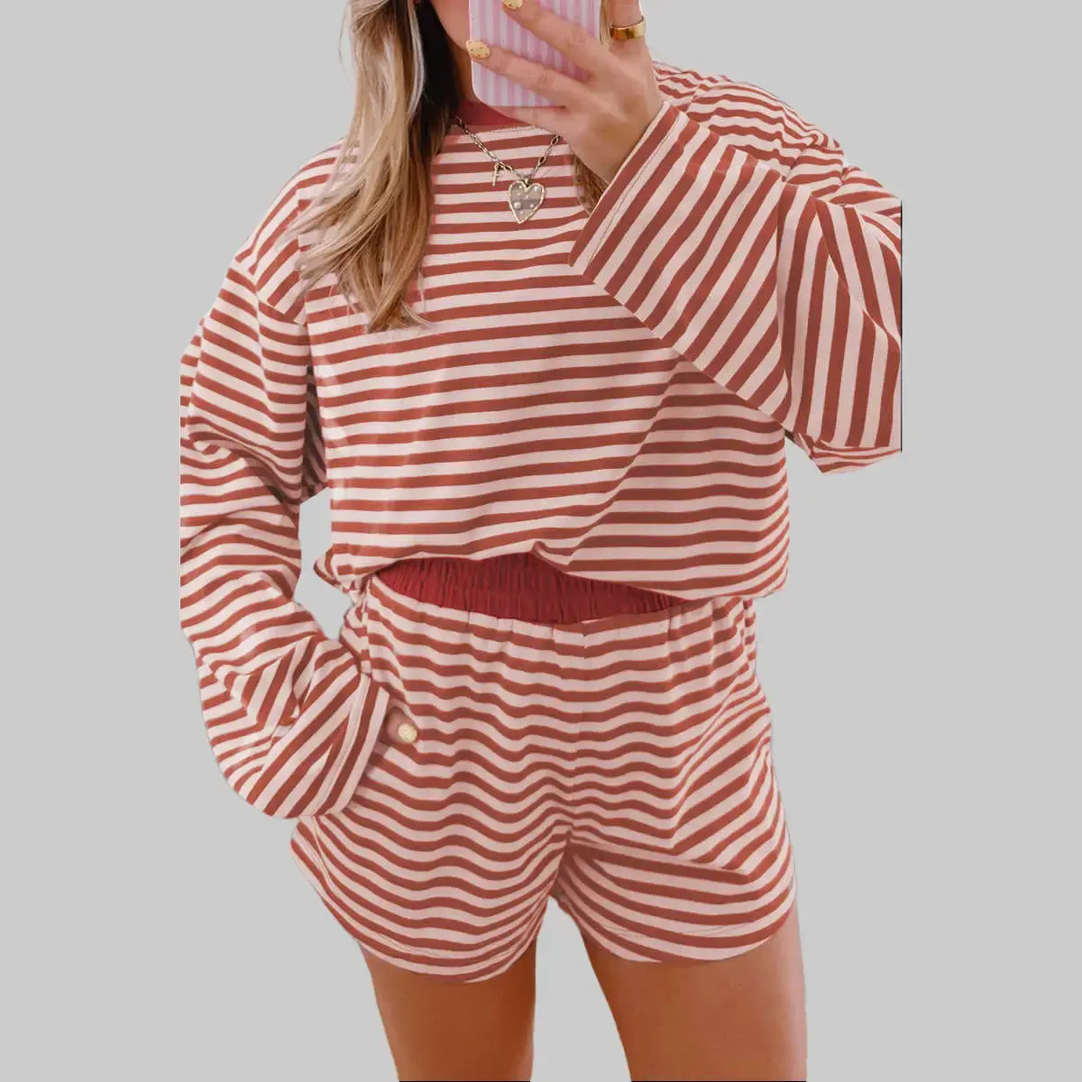 Brown Red Stripe Relaxed Long Sleeve Top Contrast Elastic Waistband Short Set，Women Striped Relaxed Long Sleeve Top & Elastic Waistband Shorts Set, Casual Loose Lounge Outfit, 2 Piece Loungewear Tracksuit Crew Neck Sweatshirt,women's matching sets two
