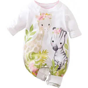 Giraffe + Zebra With Floral Print Long Sleeve Baby Girl Clothes White Jumpsuit For Baby One-Piece Romper