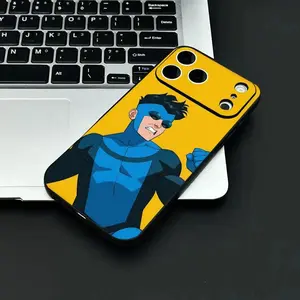 Liquid glass phone case featuring the anime "Invincible Young Hero," compatible with iPhone 17, 16, 15, 14, 13, and 12. Smooth, delicate, and skin-friendly full-coverage soft case.