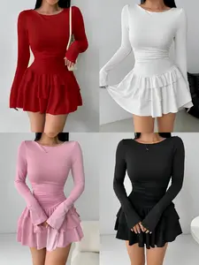 Elegant Female Fit Ruched Long Sleeve Cake Dress with Multi-Layer Skirt for Inner & Outer Wear Comfortable and Stylish Design