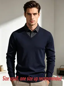 Men's Fall Winter Mock Two-Piece V Neck Knit Sweater, Soft Plush Lining, Asymmetrical Design, Casual Long Sleeve Top