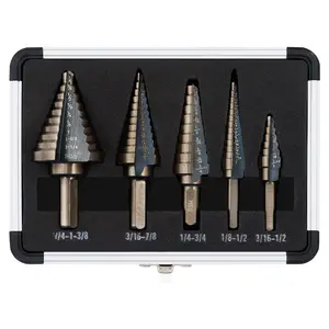 AWEE Step Drill Bits, HSS 5PCS Titanium Step Drill Bit Set, 50 Sizes in 5 High Speed Steel Unibit Drill Bits Set for Sheet Metal with Aluminum Case, Multiple Hole Stepped Up Bits for DIY Lovers/Major/worker