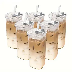Portable Drinking Cup, 4/6 Counts Heat-resistant Glass Mug with Lid & Straw, Durable Glass Cup for Home School Outdoor Clear Water Bottle Tumbler Reusable Bottled Christmas Gift Drinkware Beverage PrimePickGlobal kitchen gadgets