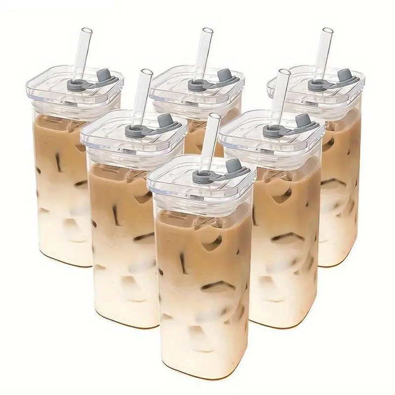 Portable Drinking Cup, 4/6 Counts Heat-resistant Glass Mug with Lid & Straw, Durable Glass Cup for Home School Outdoor Clear Water Bottle Tumbler Reusable Bottled Christmas Gift Drinkware Beverage PrimePickGlobal kitchen gadgets