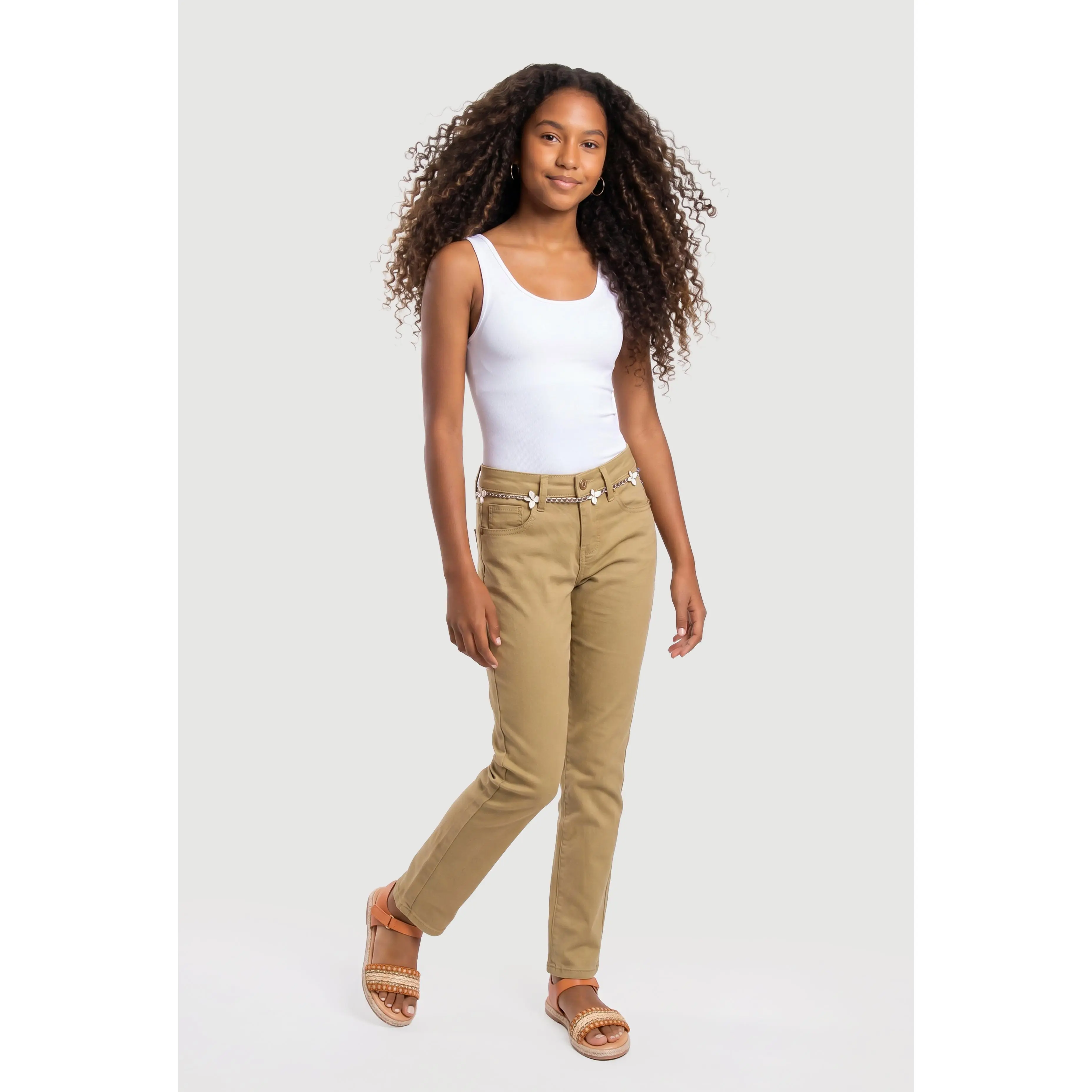 Girls Butterfly Charm Belt Twill Pants