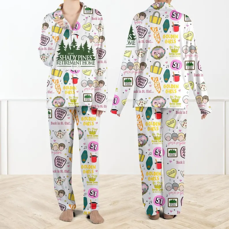 Golden Girls Shady Pines Casual Pajama Set For Women And Kids Funny Retro Sleepwear Loungewear PJs 100% Polyester Satin Short Sleeve Top & Pants Best Friend Gift Birthday