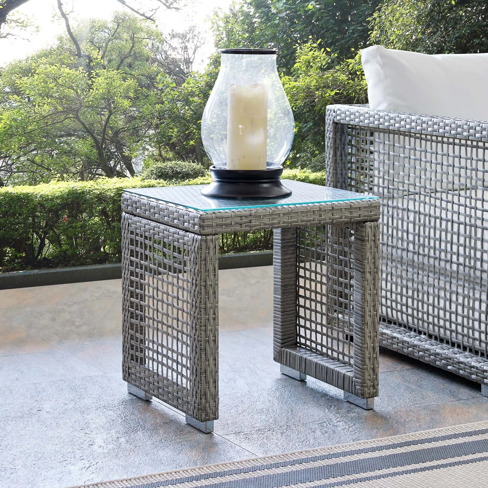 Modway Aura Modern Patio Outdoor Furniture, Gray Wicker Rattan Weave Side Table with Powder-Coat Frame & Woven Texture