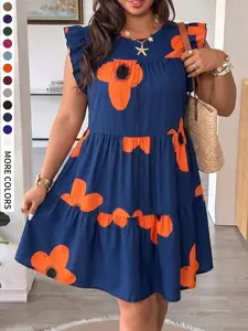 Women's Plus Size Summer Vacation Floral A-Line Dress, Petal Sleeve Round Neck Knee-Length, Perfect for Daily Wear, Garden Party, Graduation, Wedding