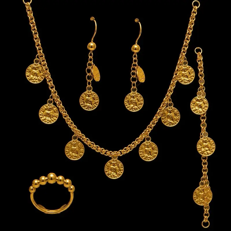 BOUMMACI Luxury Gold-Plated Female Elegant Matching Jewelry Set - Necklace + Bracelet, Earrings, Ring, Date Gift for Her