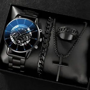 Men's 4-Piece Geneva Minimalist Watch Jewelry Set with Elegant Gift Box Watch Bracelet Necklace Ring for Casual & Formal Occasions