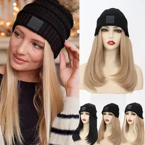 Black Knit Hat With Hair Extensions 11" Short Straight Hair Knitted Hair Wig For Woman Winter Christmas