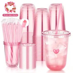 Pink Plastic Cups with Lids & Straws（Pink Heart Straw）, 50 Pack 400ml Disposable Party Cups with 50 Resin Charms BPA-Free PET Cold Drink Cups for Iced Coffee to go , Smoothies, Galentines,Graduation,Birthdays,Wedding，mother‘s day summervibes