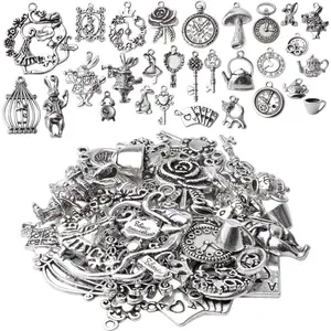 40pcs Antique Silver Alice in Wonderland Charm Alloy Tales Tea Party Steampunk Victorian Necklace Bracelet Charms Pendants for DIY Jewelry Making Crafts Supplies