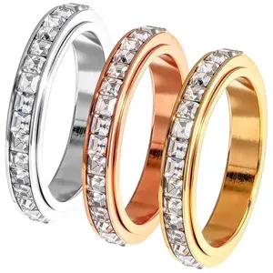 Unisex 3-Piece Titanium Steel Rotating Stress Relief Ring Set - Zirconia Inlaid, Rose Gold/Gold/Silver, Sizes 6-9, Comfortable Wedding or Promise Rings