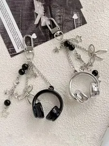 Black Headphone Bow Pendant Keychain, Star & Heart Charm Bag Accessory