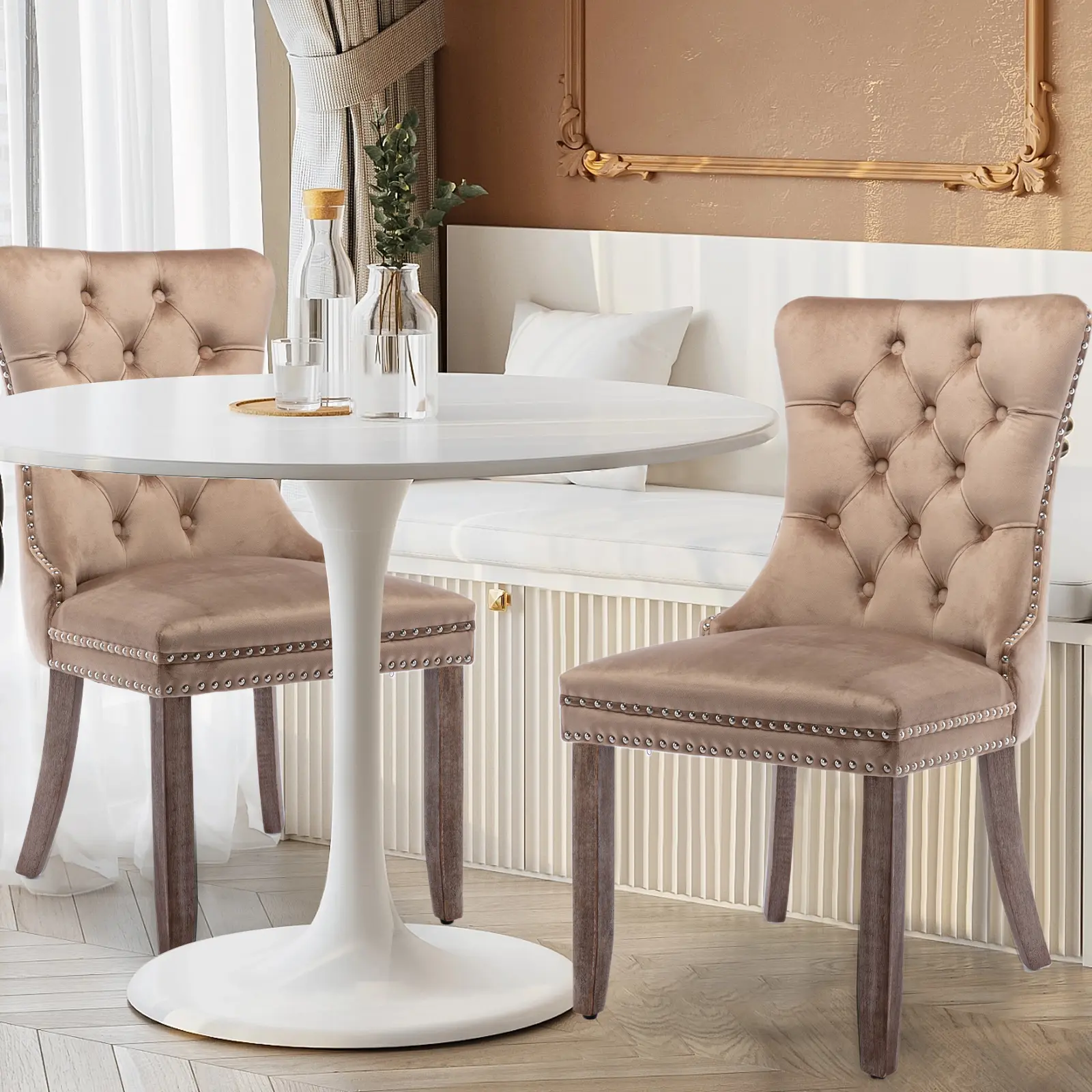 Velvet Dining Chairs Set , Tufted Upholstered with Nailhead Trim & Solid Wood Legs for Modern Kitchen