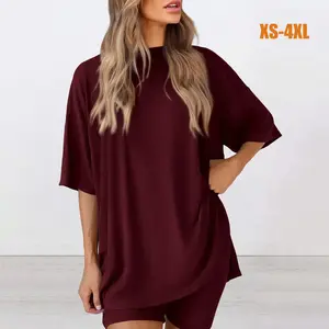 Women's Solid Color T-Shirt and Fitted Shorts Loungewear Set, Casual Comfortable Round Neck Sleepwear for Summer, with Pockets and Oversized Fit，Women's Affordable Pajamas, Lady