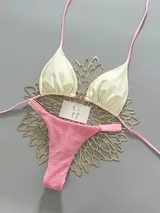 Women's Summer Sexy Beach Vacation Style Simple Solid Color Heart Metal Ring Backless Knot Neck Spaghetti Strap Ruched Bikini Swimsuit Set