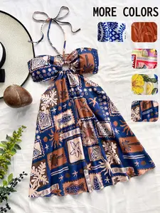 Women's Boho Vacation printed pattern Sexy Halter Drawstring Hollow Waist Dress, Suitable For Beach, Music Festival, Hippie, Party, Date, Afternoon Tea
