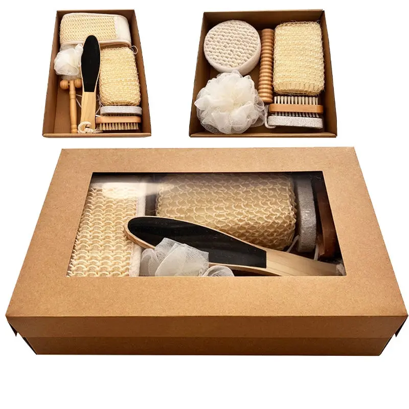 Seven-piece bath set including a bath towel, bath brush, foot stone, jute bath flower, gift box for holidays.