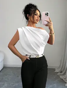Women’s Minimalist Ruched Asymmetrical Shoulder Blouse – Solid Color Summer Top