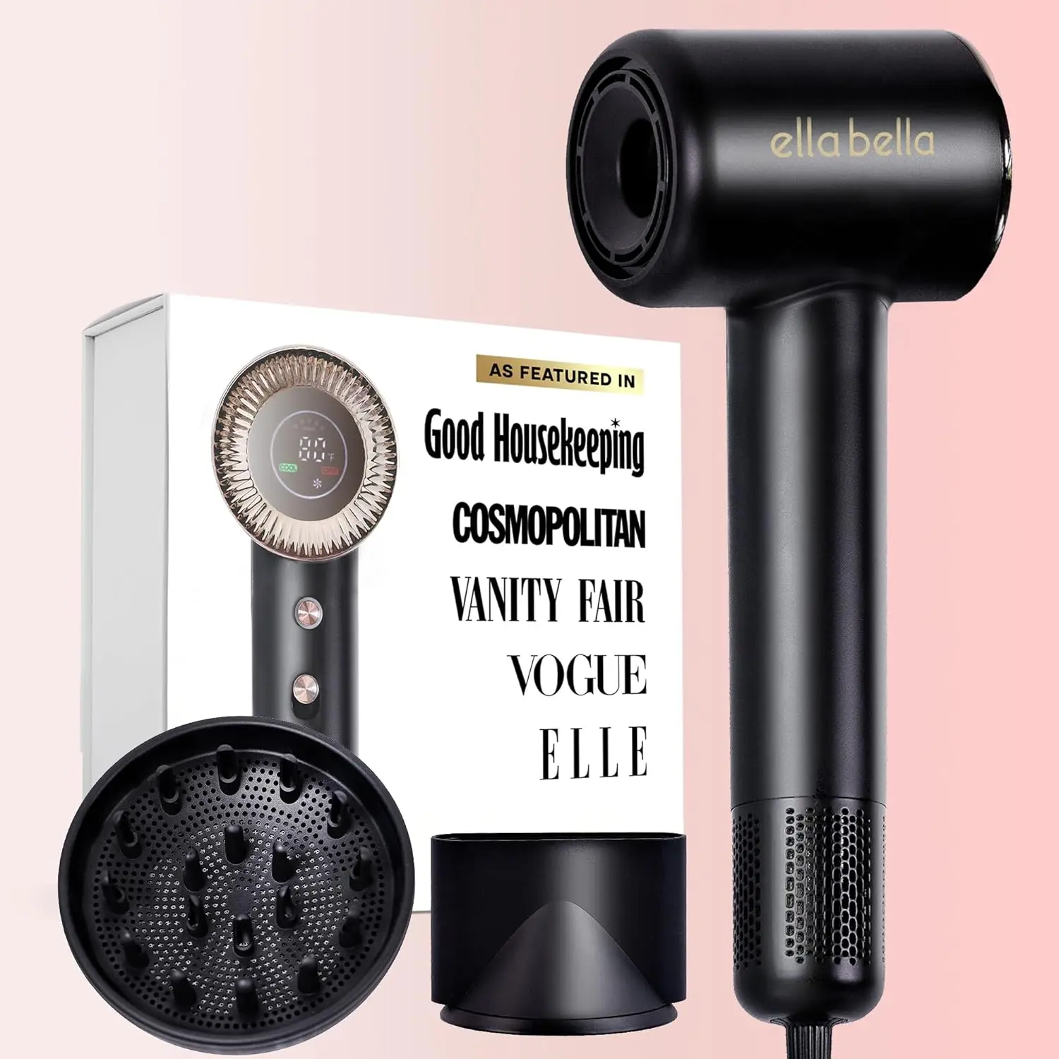 ELLA BELLA Compact Plasma Hair Dryer, Advanced Plasma Technology Blow Dryer with Digital Display, Rapid Drying, Low Noise, & Luxury Velvet Travel Bag - Includes Diffuser & Nozzle- for All Hair Types