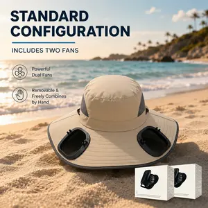Wide-brimmed fan outdoor fishing hat, 2-piece men's hat with built-in fans, suitable for temperature-sensitive workers, lightweight headband, adjustable hood, reinforced stitching, premium fabric, with cooling cap, perfect for summer travelers