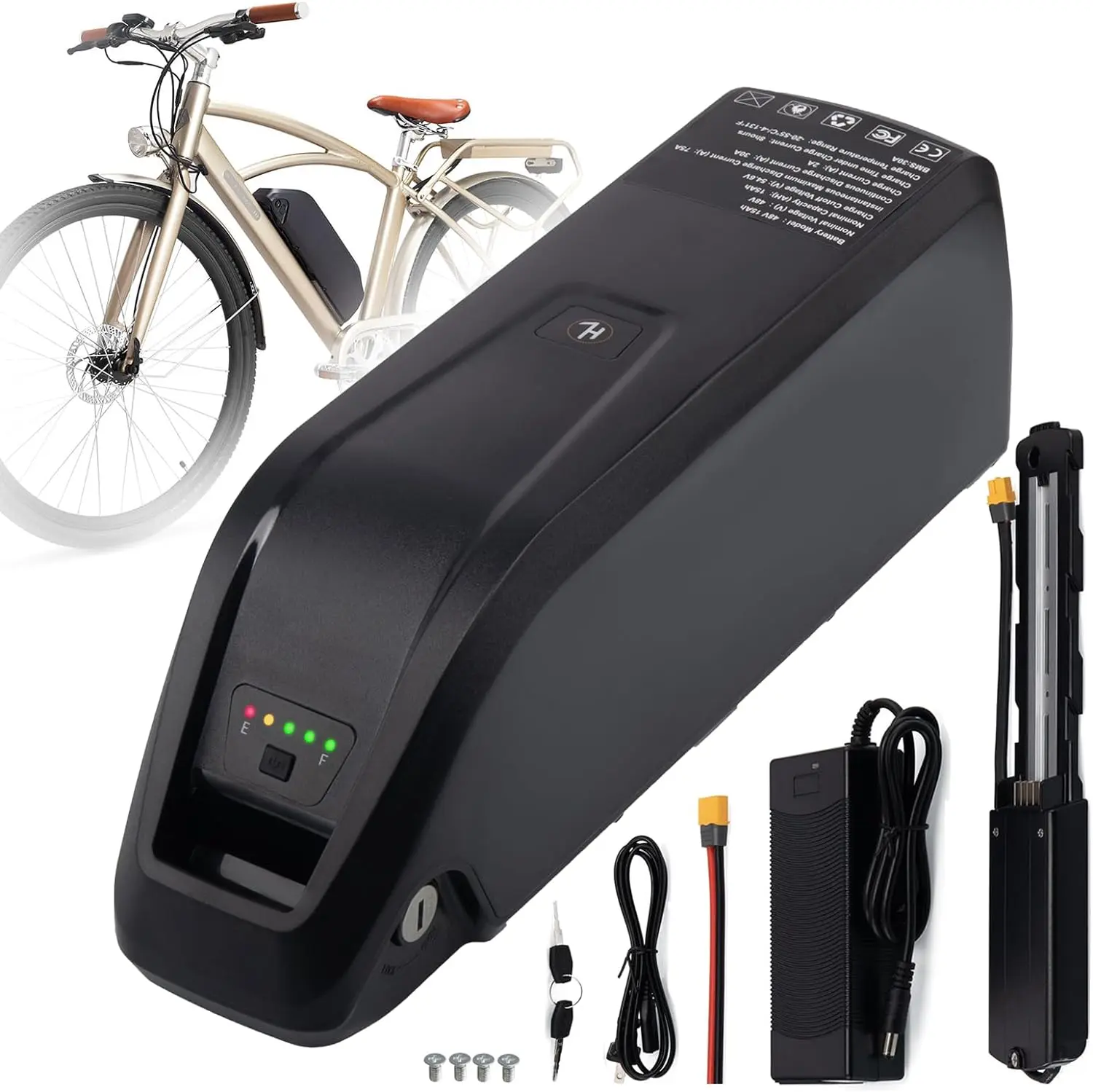 48V 15Ah 720Wh Lithium Ion Ebike Battery Pack with 2A Fast Charger, BMS, USB Interface, LED Indicator, Power Switch, 4-Pin Safety Lock – 48V 15Ah Range for Riding Electric Bikes, Phone Charging