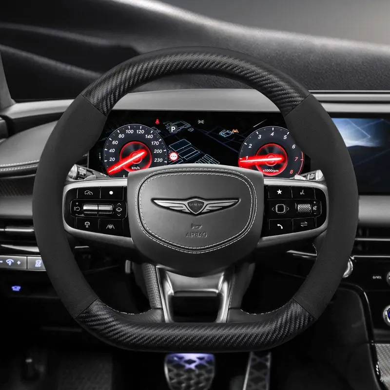 For Genesis carbon fiber texture leather suede steering wheel cover accessories, Automotive, ultra-thin, anti-slip, for Coupe, G80, G70, G90, GV80, GV70, GV60, GV70e and other models, available in black, red and brown, Steering Wheel Protector